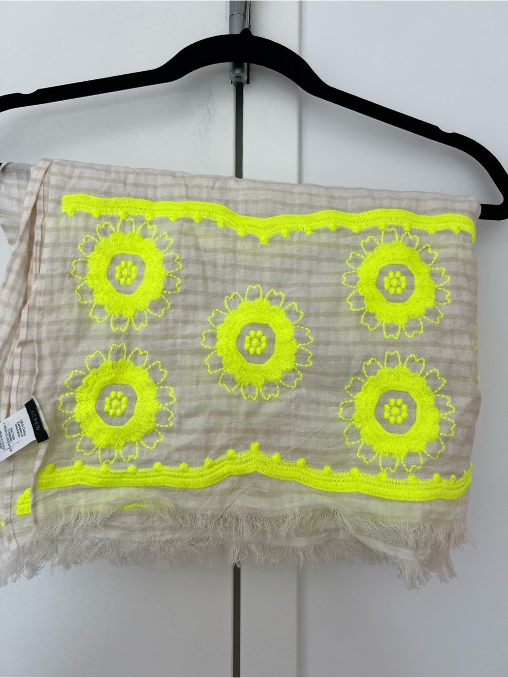 J. Crew Beige Scarf with Neon Yellow Floral Embroidery